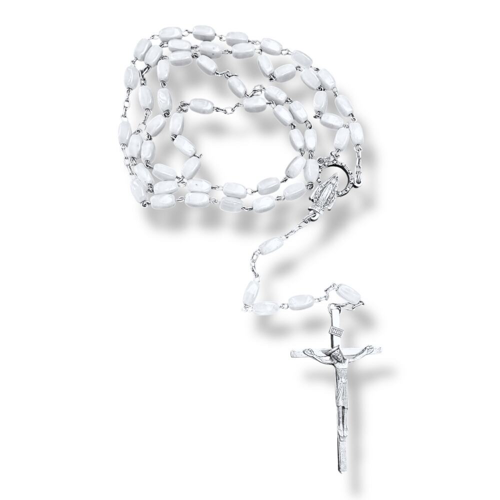 White Faux Mother of Pearl Rosary Oval Beads Prayer Beads Collectible Crucifix